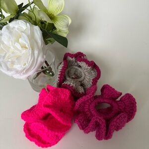 Crochet Scrunchies Handmade.  Purple, shocking pink and gray combination colors